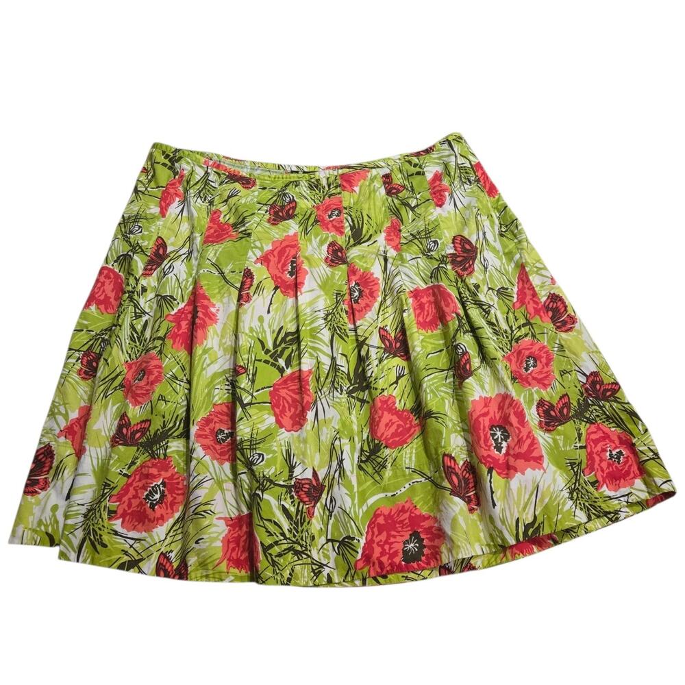 Talbots Poppy Butterfly Floral Green and Red Pleated Cotton Skirt 20 W Modest - Picture 2 of 8